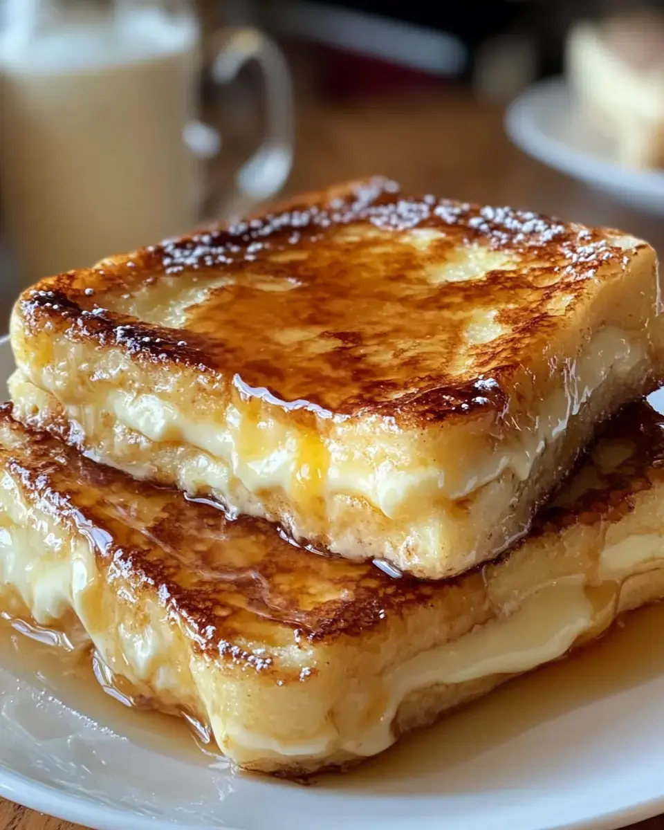 Two thick slices of French toast, filled with creamy cheese and drizzled with syrup, are stacked on a white plate.