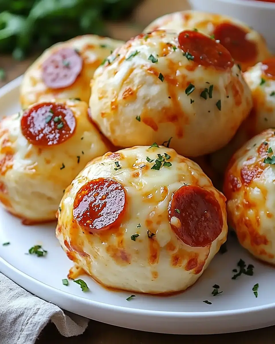 A plate of cheesy, golden-brown pizza rolls topped with pepperoni and sprinkled with herbs.