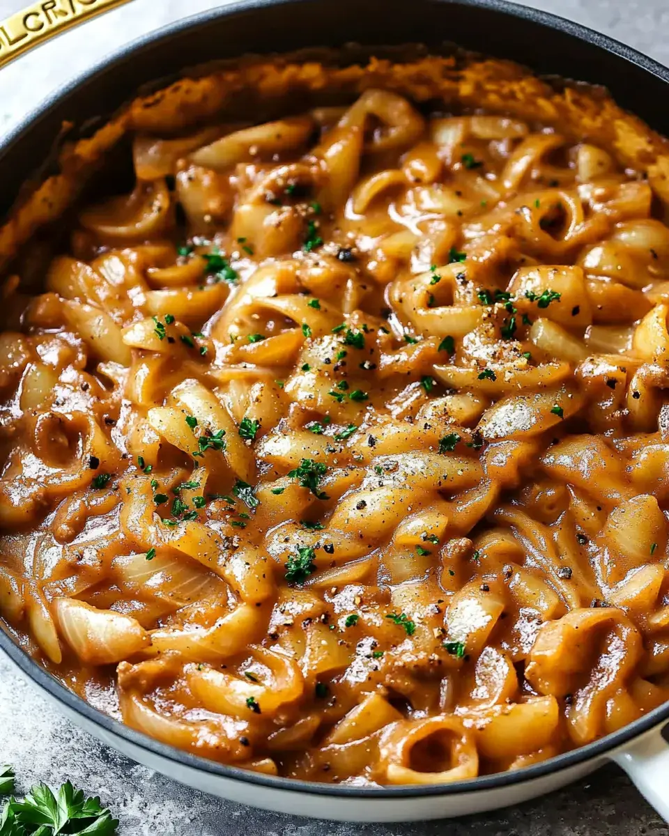 A close-up of creamy, sauced pasta with parsley garnish in a large skillet.