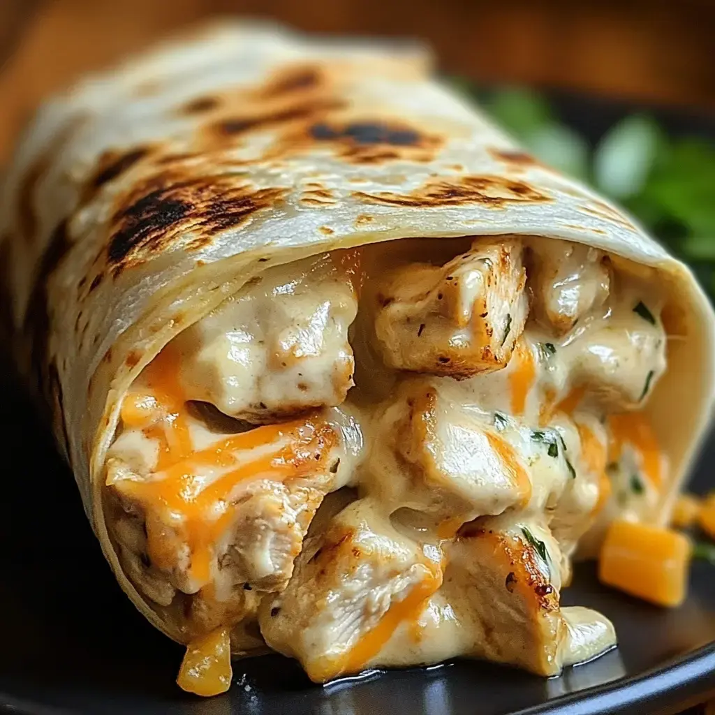 A close-up of a warm, grilled chicken burrito filled with creamy sauce and melted cheese, served on a black plate.