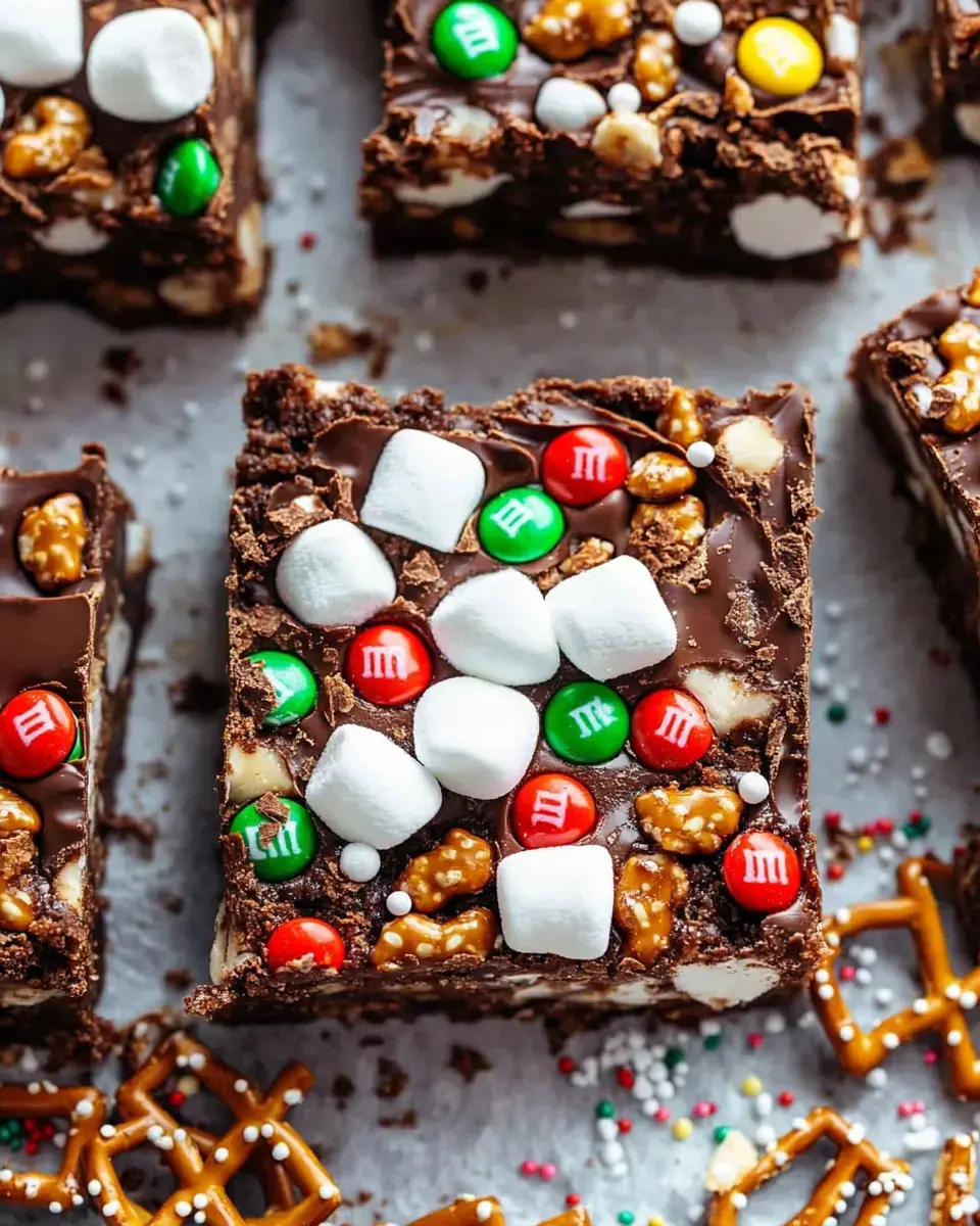 A close-up of rich chocolate bars topped with colorful M&M's, mini marshmallows, pretzels, and festive sprinkles.