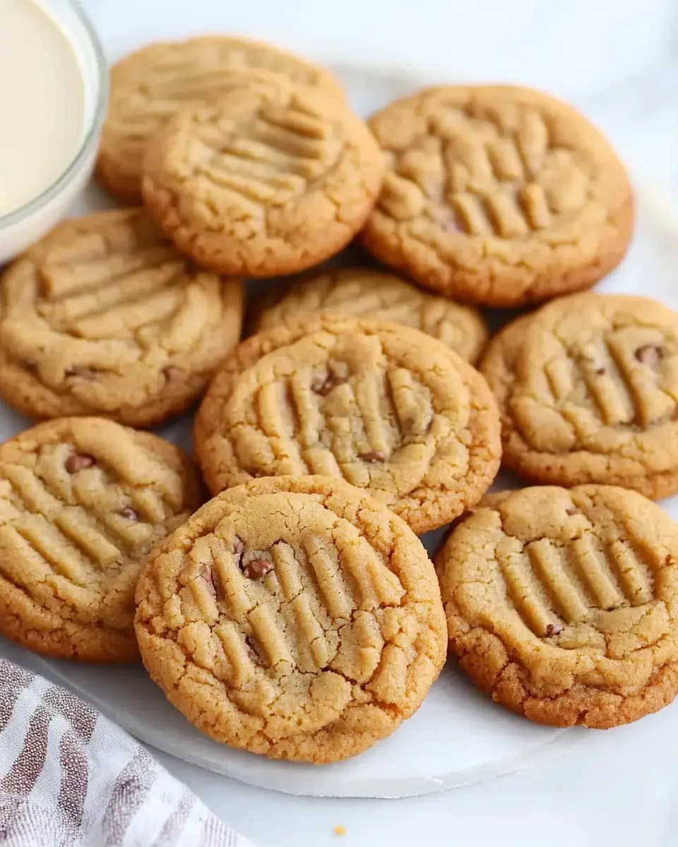 A plate of freshly baked peanut butter cookies, some with crisscross patterns, is displayed alongside a small bowl of milk.