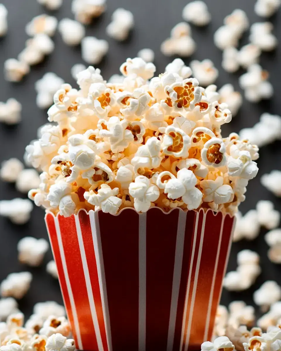 A red and white striped popcorn bucket overflowing with fresh, fluffy popcorn, with scattered pieces on a dark background.