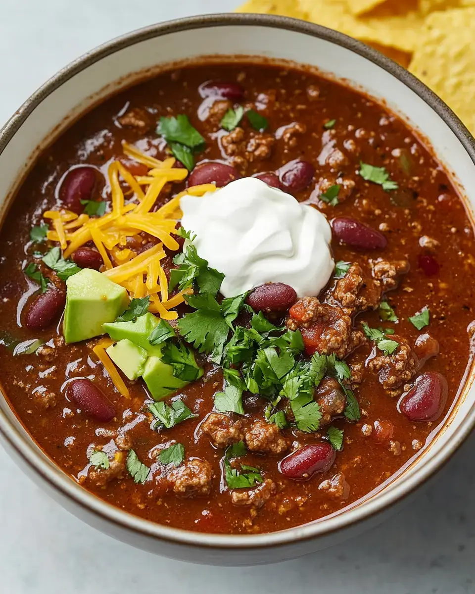 A bowl of chili topped with shredded cheese, sour cream, avocado, and cilantro, served with tortilla chips.