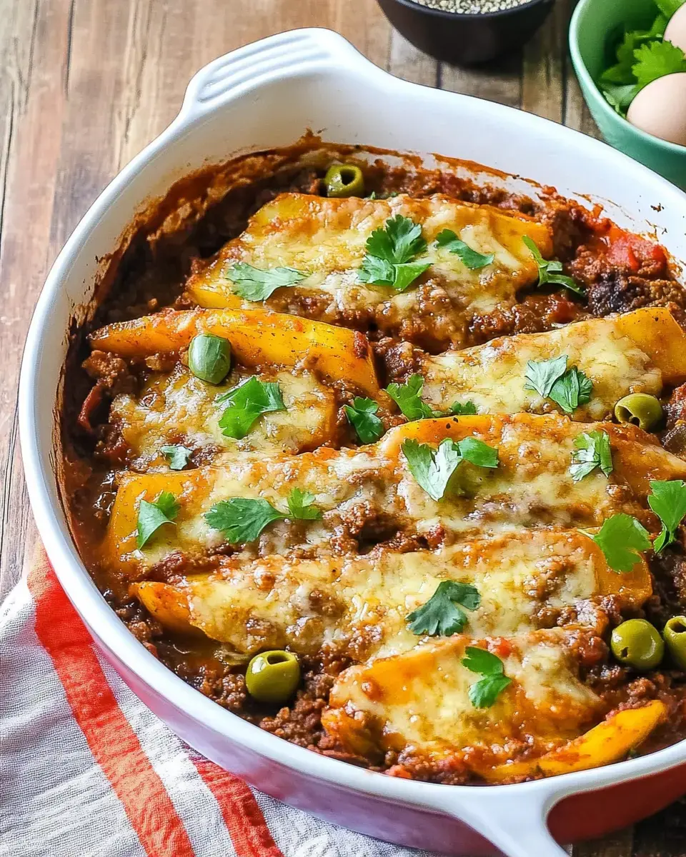 A baked dish features stuffed peppers topped with melted cheese and garnished with fresh herbs, served in a white casserole dish.