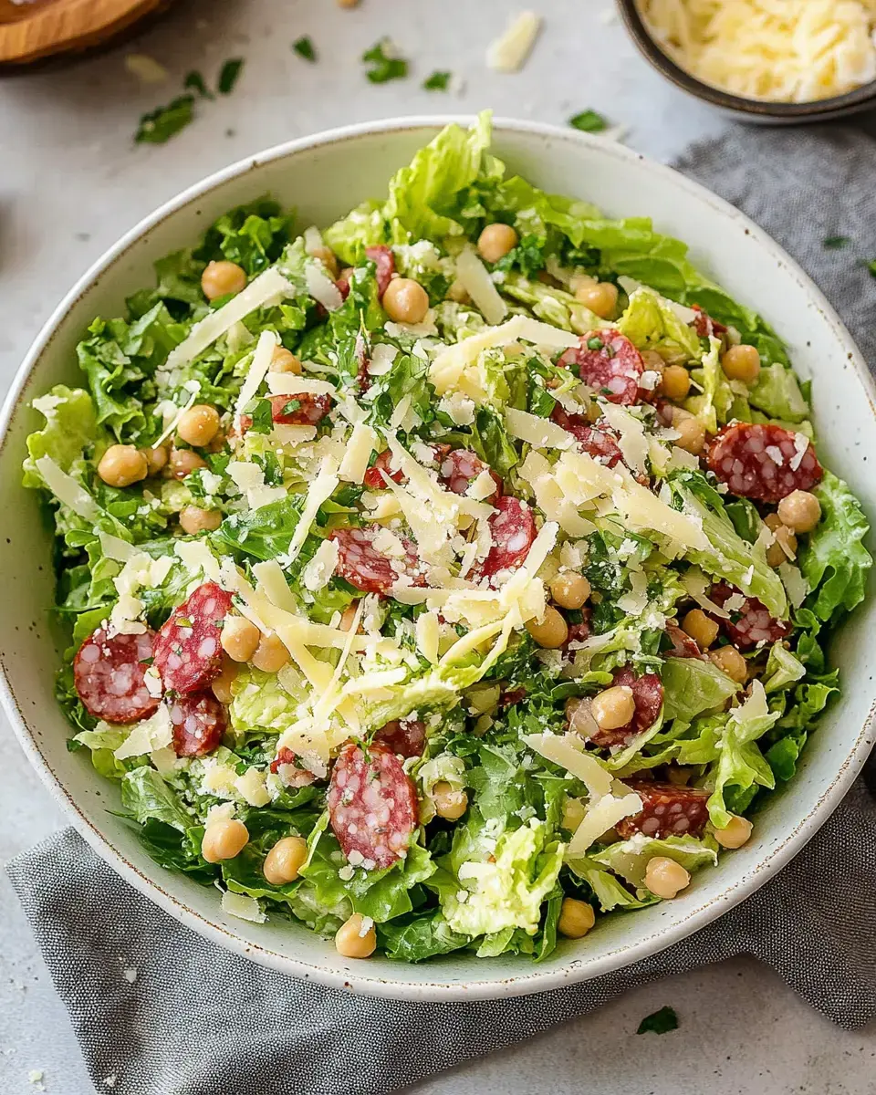 A vibrant salad in a bowl, featuring romaine lettuce, chickpeas, slices of salami, and grated cheese, garnished with fresh herbs.