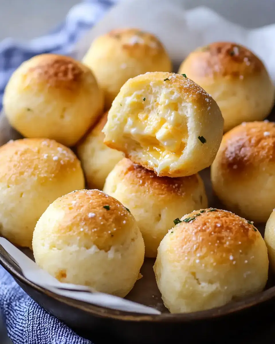 A plate of golden, cheesy garlic bread balls, with one ball cut open to reveal melted cheese inside.