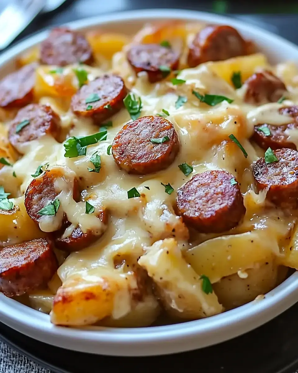 A bowl of baked potatoes topped with sliced sausage, melted cheese, and fresh parsley.