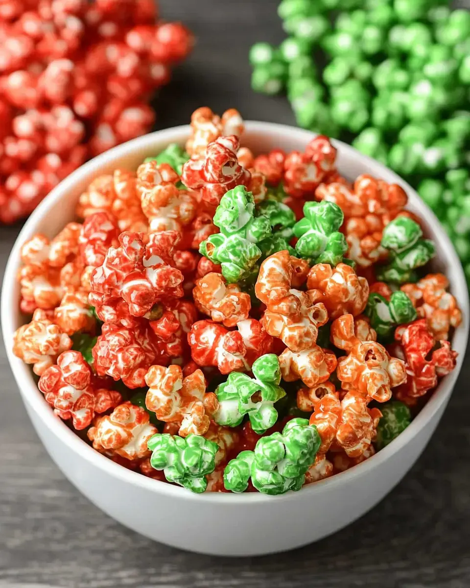 A white bowl filled with colorful popcorn pieces in red, orange, and green, set against a dark wooden surface.