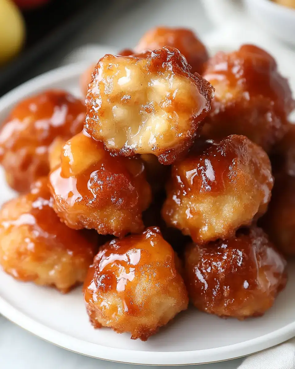 A plate of golden, glazed doughnut holes stacked together, some partially bitten, showcasing a soft, fluffy interior.