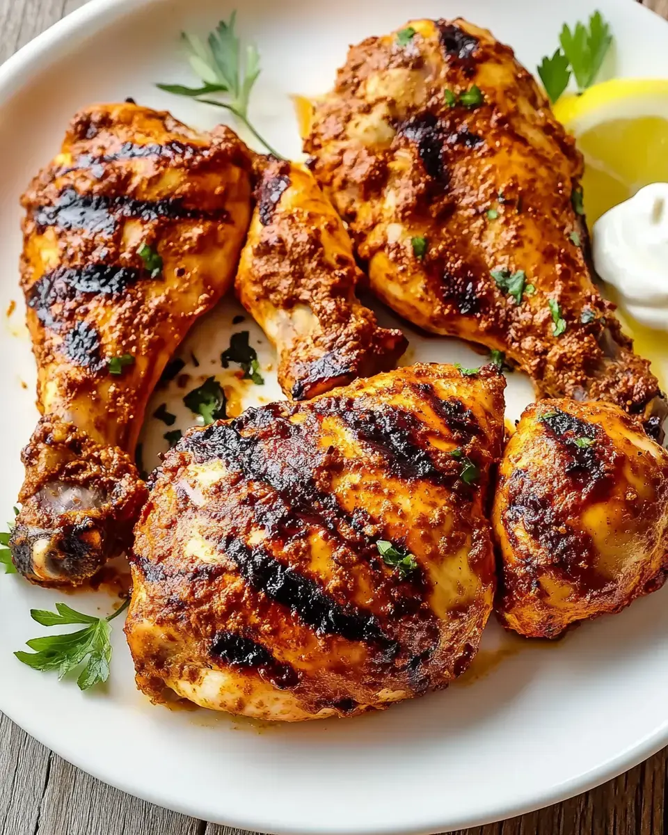 Grilled chicken pieces seasoned with spices, garnished with herbs, served on a white plate alongside a lemon wedge and creamy dip.