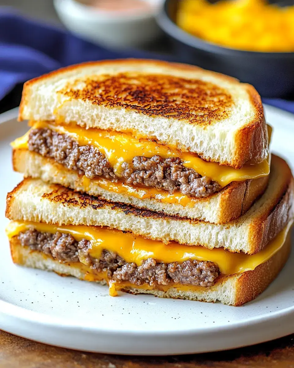 A close-up of a stacked grilled cheese sandwich filled with melted cheddar and ground beef, served on a plate.