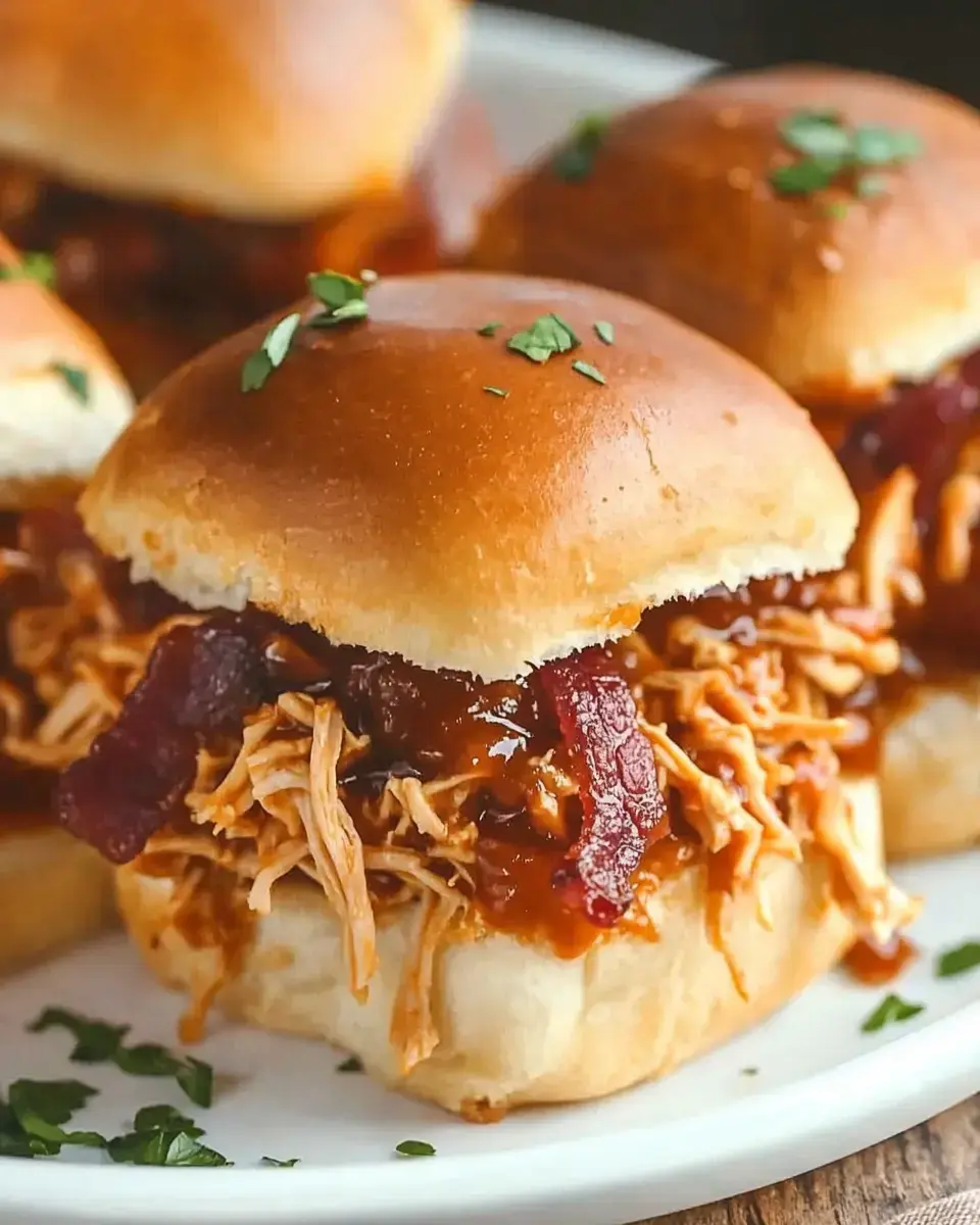 A close-up of delicious pulled chicken sliders garnished with bacon and placed on a white plate.