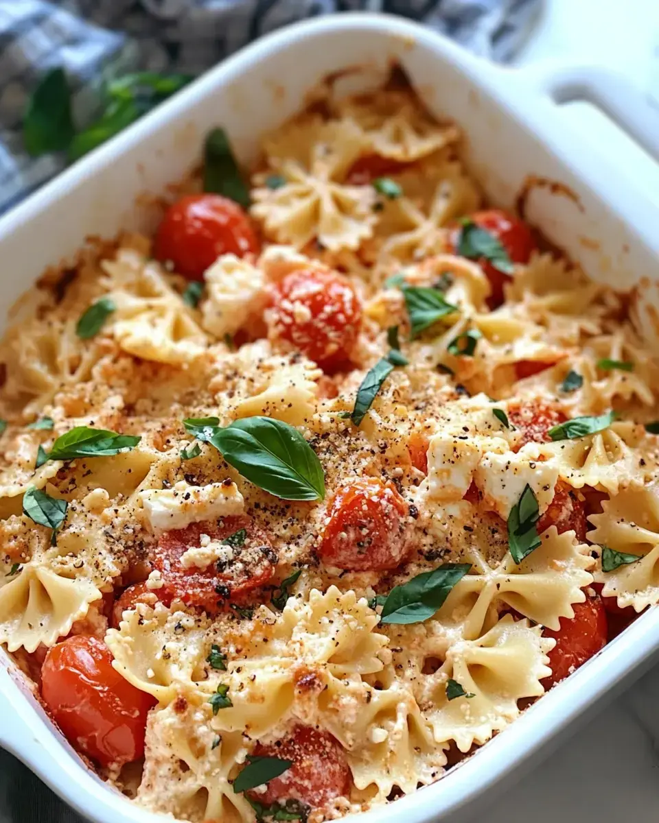 A baked pasta dish featuring farfalle, cherry tomatoes, and fresh basil, topped with a creamy sauce and herbs.