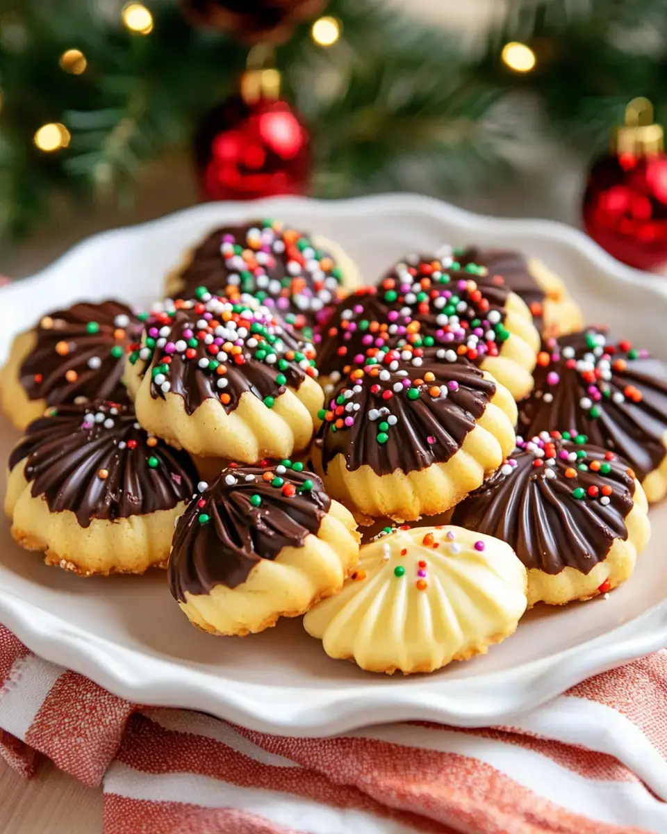 A decorative plate of assorted cookies topped with chocolate and colorful sprinkles, set against a festive backdrop with Christmas decorations.