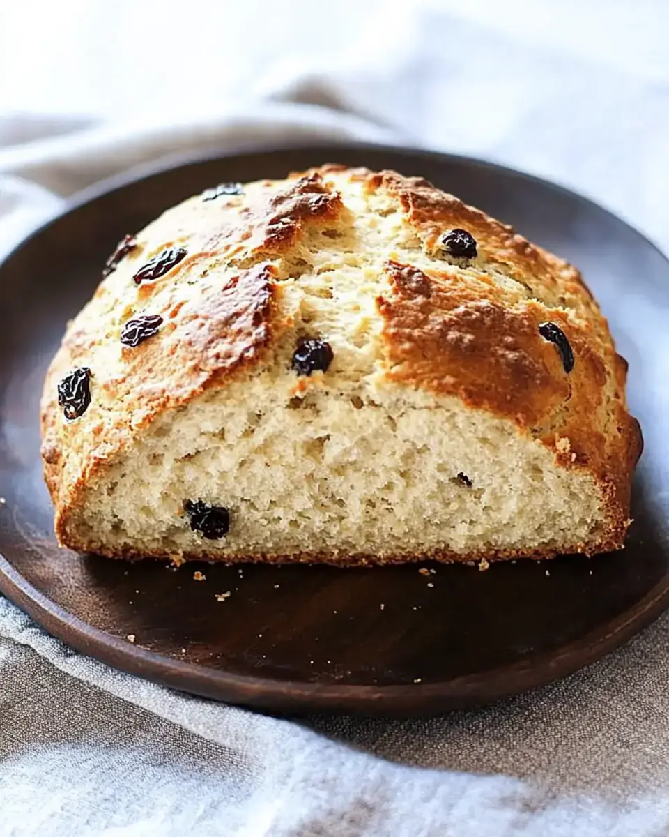 A freshly baked loaf of bread with raisins sits on a dark wooden plate, showcasing a golden-brown crust and a soft interior.