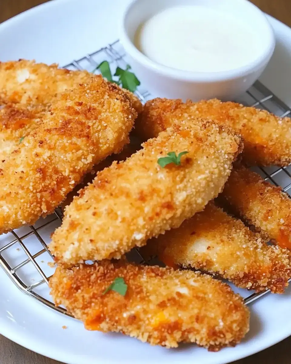 A plate of golden-brown breaded chicken strips is served with a small bowl of dipping sauce.