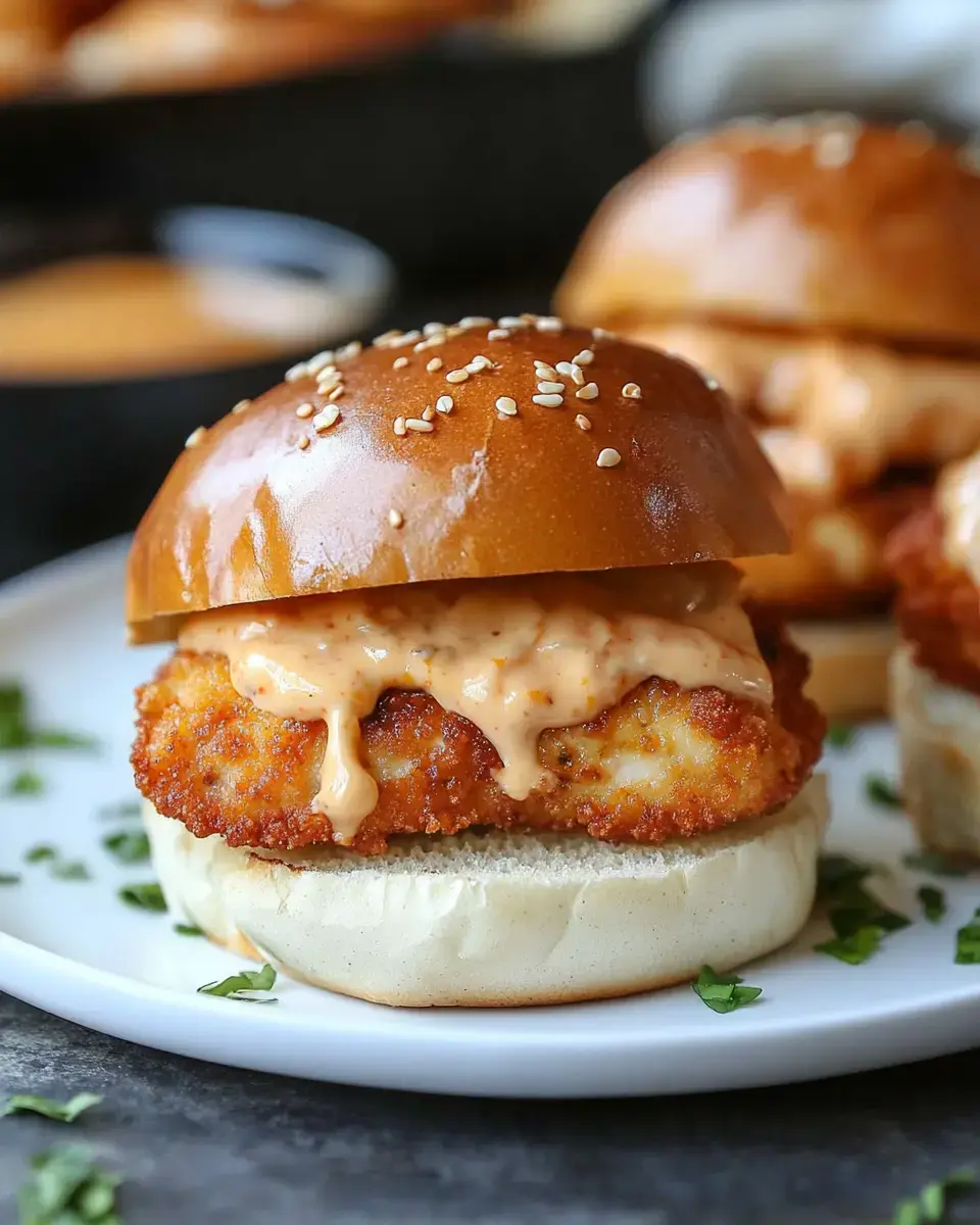 A close-up of a crispy chicken sandwich with a glossy sesame seed bun and spicy sauce, garnished with chopped herbs on a white plate.