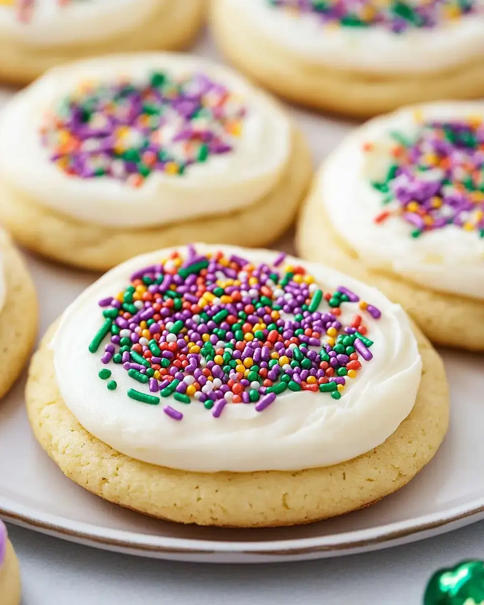 An assortment of frosted cookies topped with colorful sprinkles sits on a white plate.