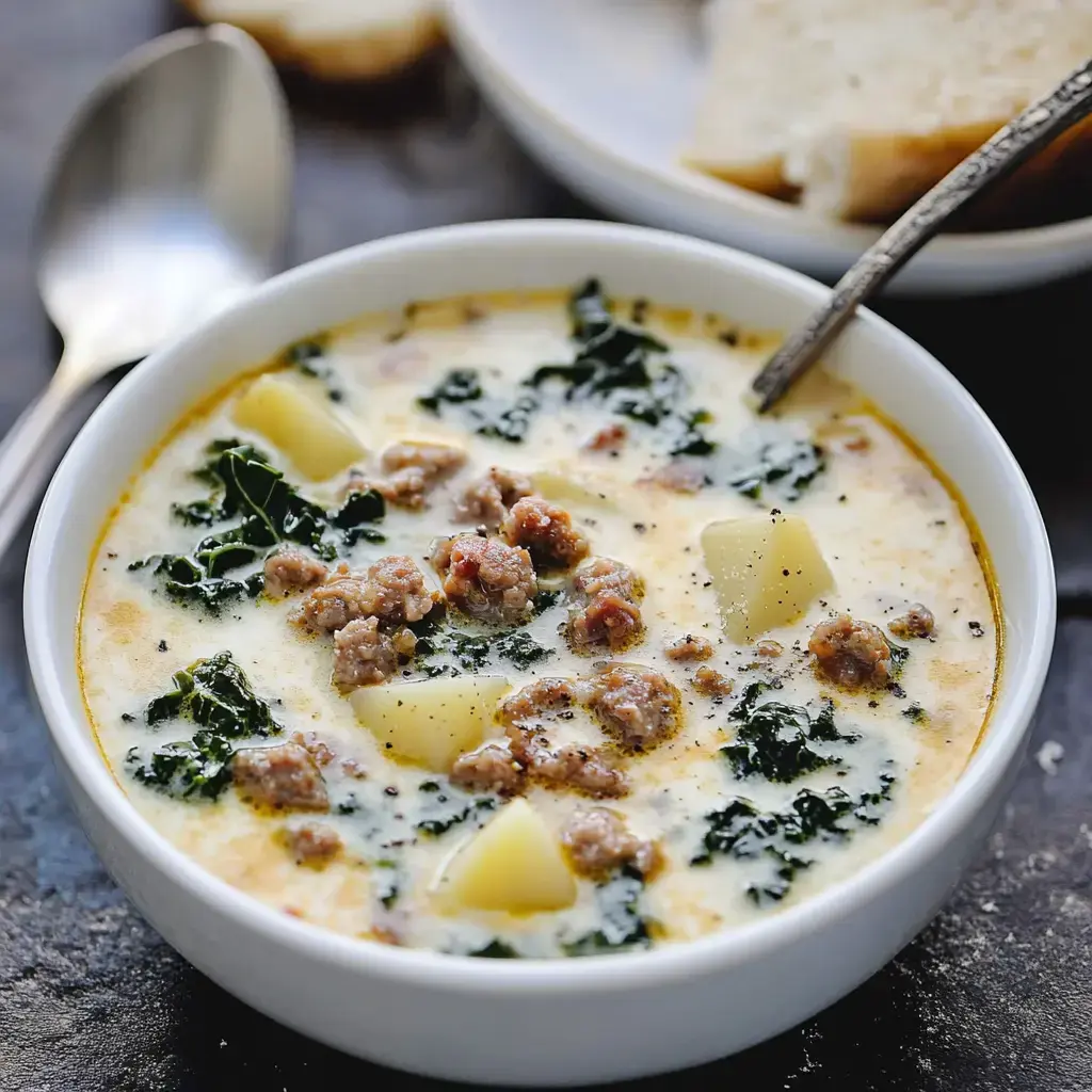 A bowl of creamy soup containing sausage, kale, and potatoes, with a piece of bread in the background.