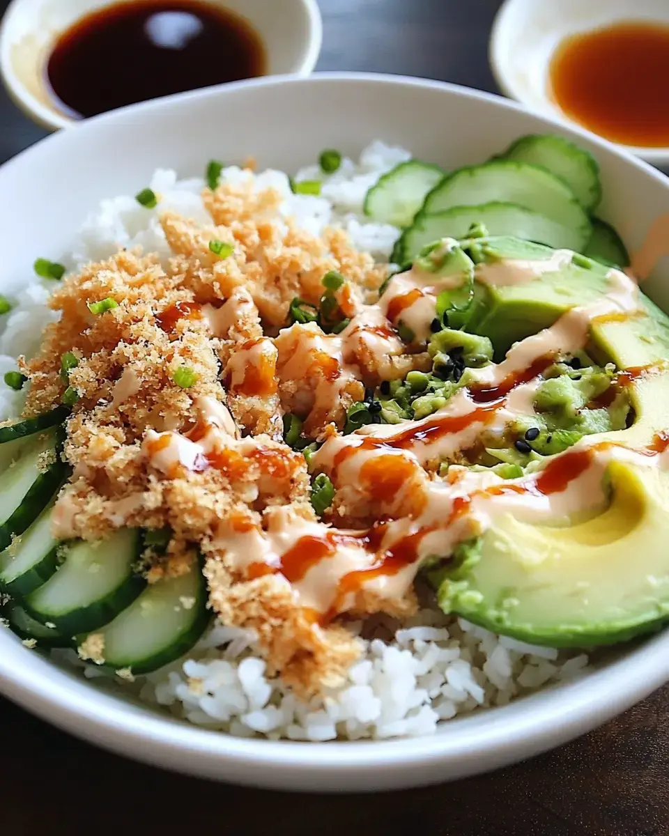 A bowl of rice topped with cucumber slices, avocado, fried chicken bits, green onions, and drizzled with sauces.