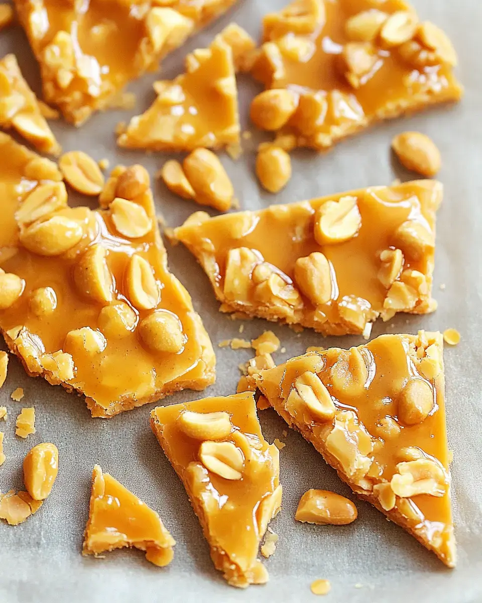 A scattered arrangement of peanut brittle pieces with a glossy caramel coating and chopped peanuts on a parchment paper background.