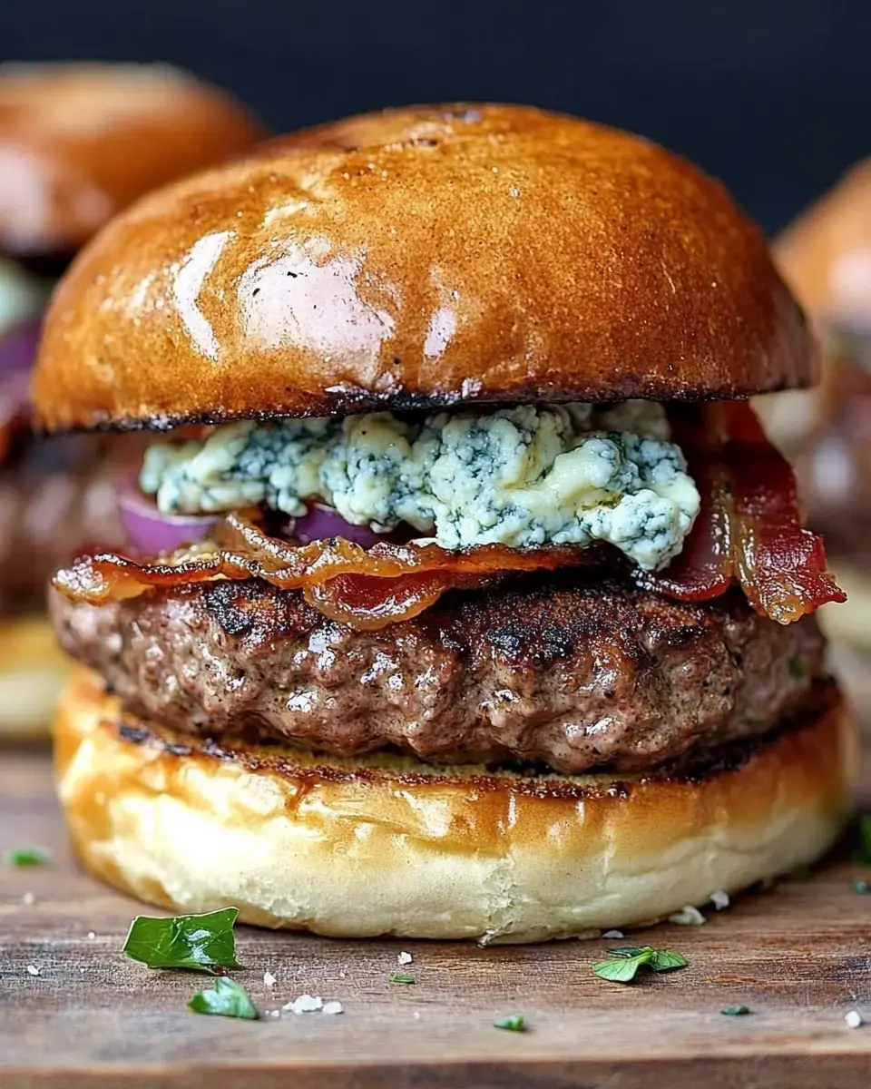 A juicy burger topped with blue cheese, crispy bacon, and red onions, served on a shiny brioche bun.