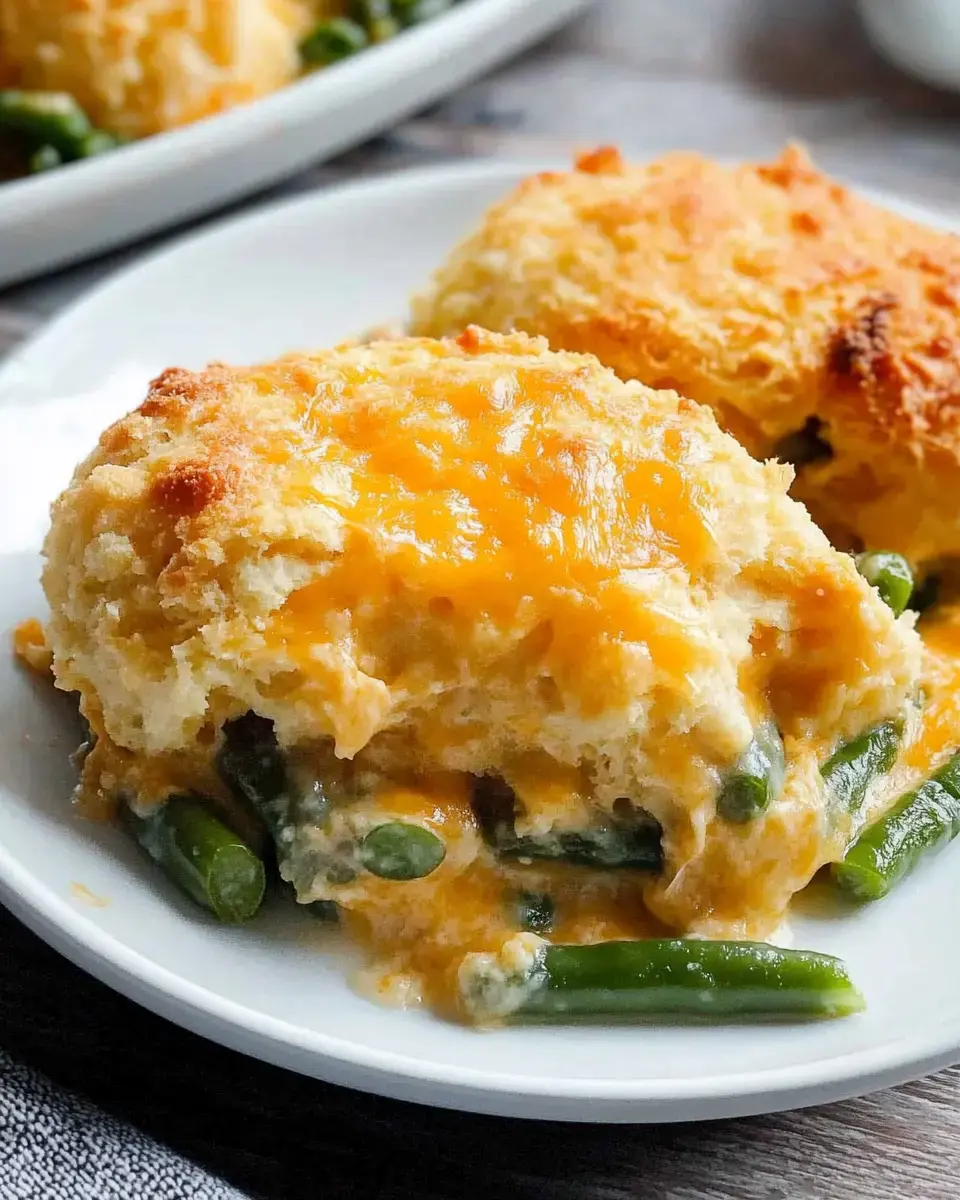 A close-up of a cheesy biscuit casserole with green beans on a white plate.