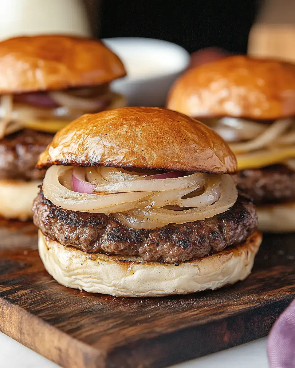 A close-up of a juicy burger with grilled onions on a toasted bun, set on a wooden board.