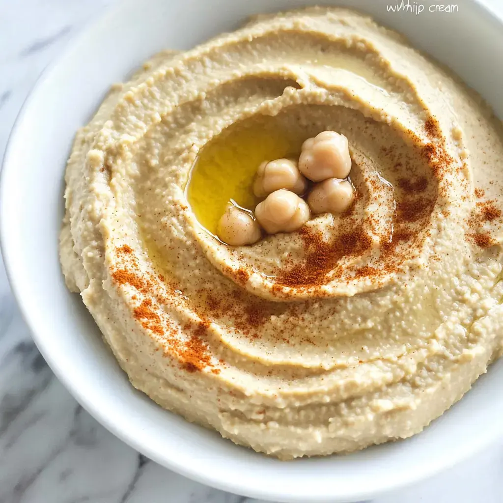 A bowl of creamy hummus topped with olive oil, whole chickpeas, and a sprinkle of paprika.