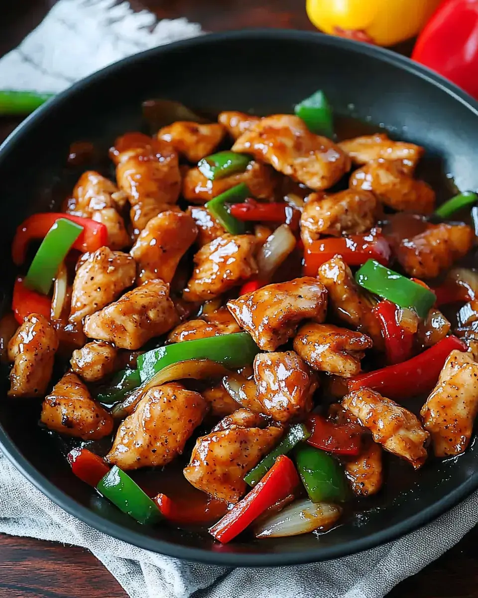 A close-up of a dish featuring sautéed chicken pieces mixed with red and green bell peppers in a glossy sauce, served in a black bowl on a textured cloth.