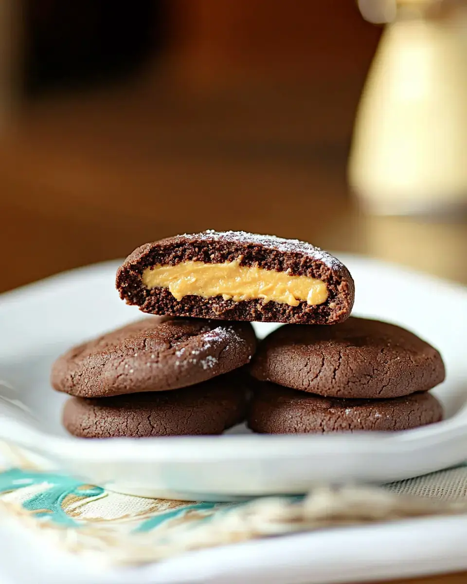 A close-up of a chocolate cookie cut in half, revealing a creamy peanut butter filling, with more cookies stacked on a plate.