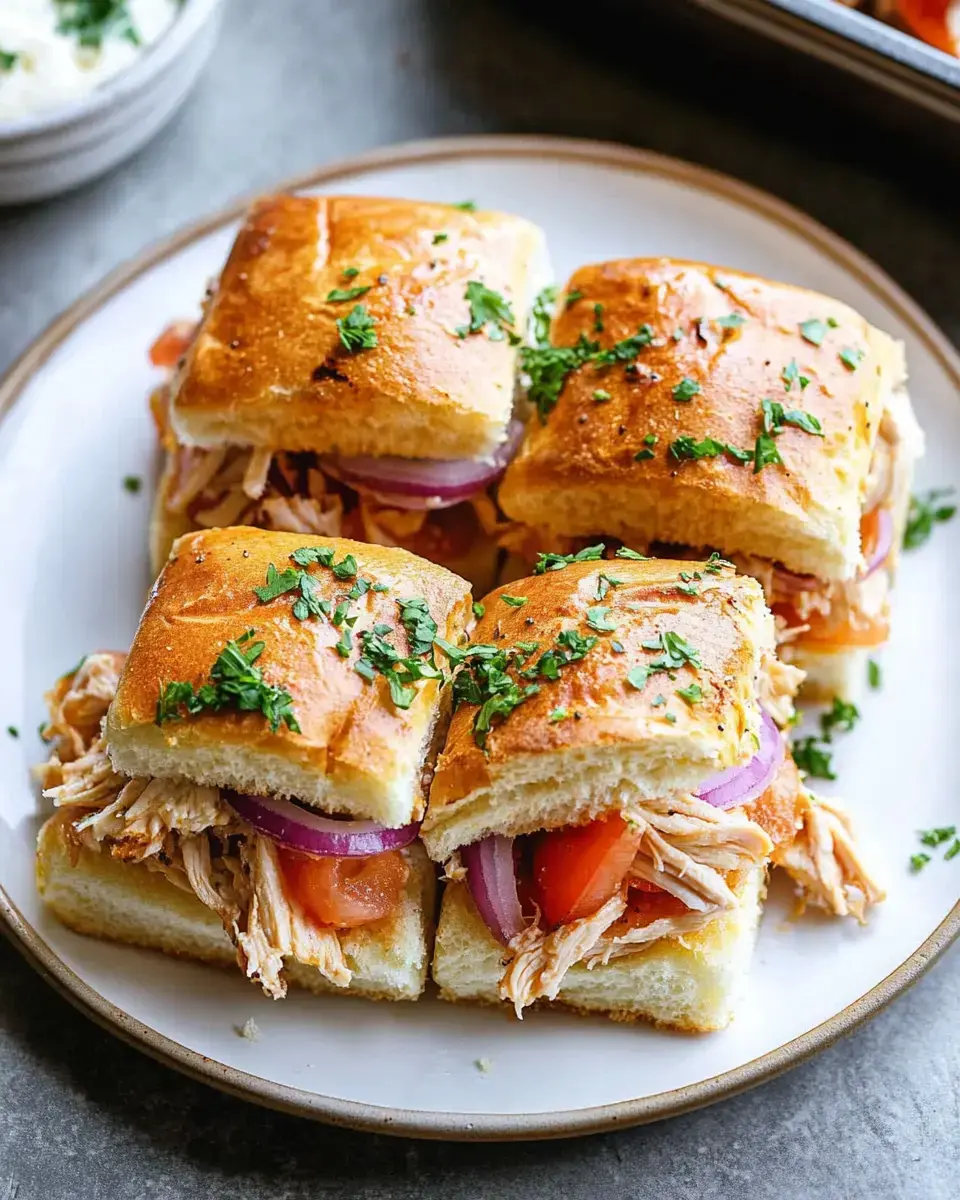 A plate of fluffy, golden-brown sandwich sliders filled with shredded chicken, tomatoes, red onions, and garnished with chopped parsley.