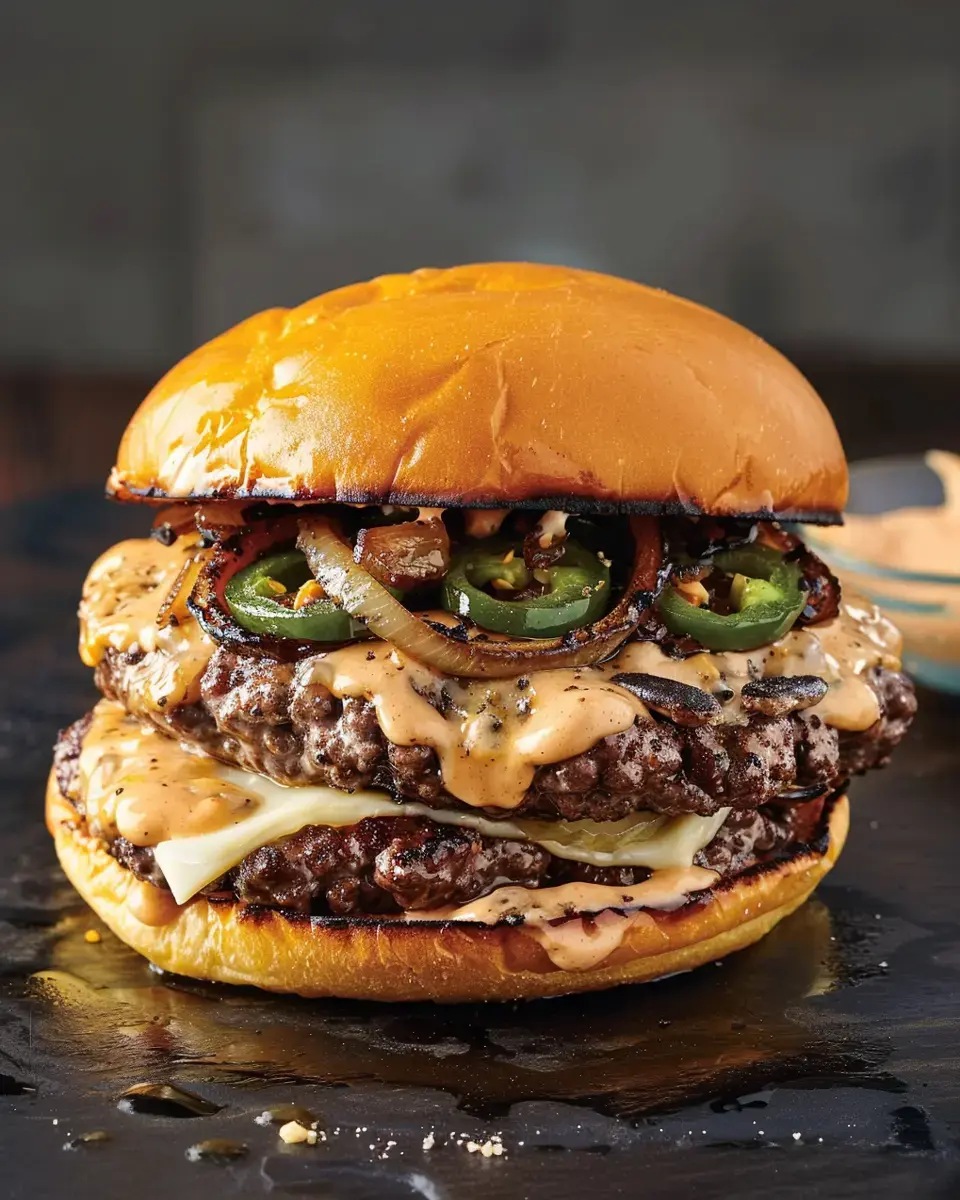 A delicious cheeseburger stacked with two beef patties, jalapeños, grilled onions, and a creamy sauce, served on a toasted bun.