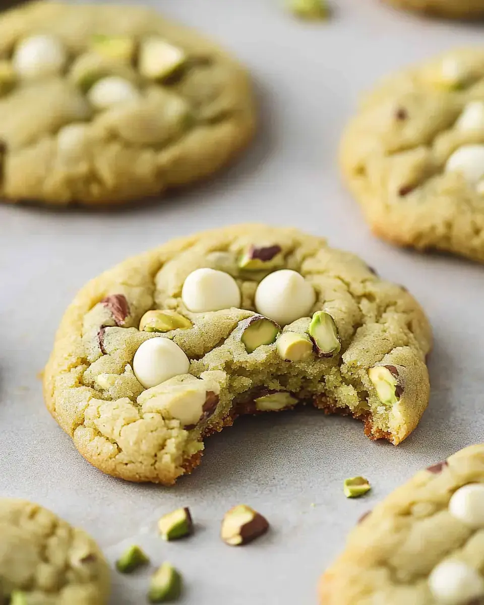 A close-up of a freshly baked cookie with white chocolate chips and chopped pistachios, featuring a bite taken out of it.