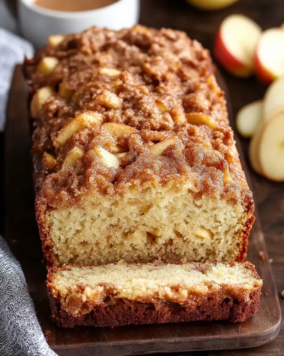 A sliced apple cake loaf topped with a crumbly cinnamon-sugar mixture, served on a wooden cutting board with apple slices in the background.