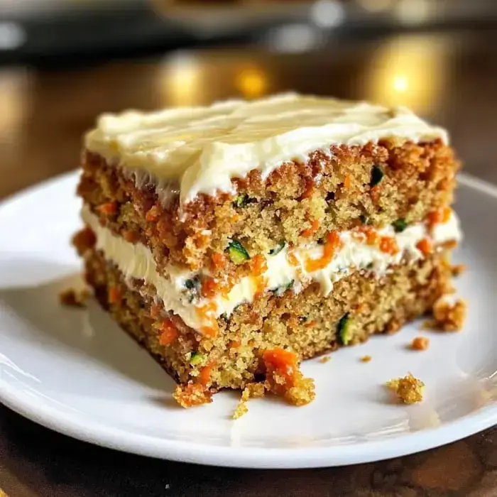 A slice of carrot cake layered with cream cheese frosting sits on a white plate.