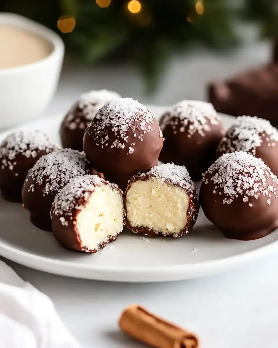 A plate of chocolate-covered dessert balls, sprinkled with coarse salt, with one cut in half to show the creamy interior, alongside a cup and a cinnamon stick.