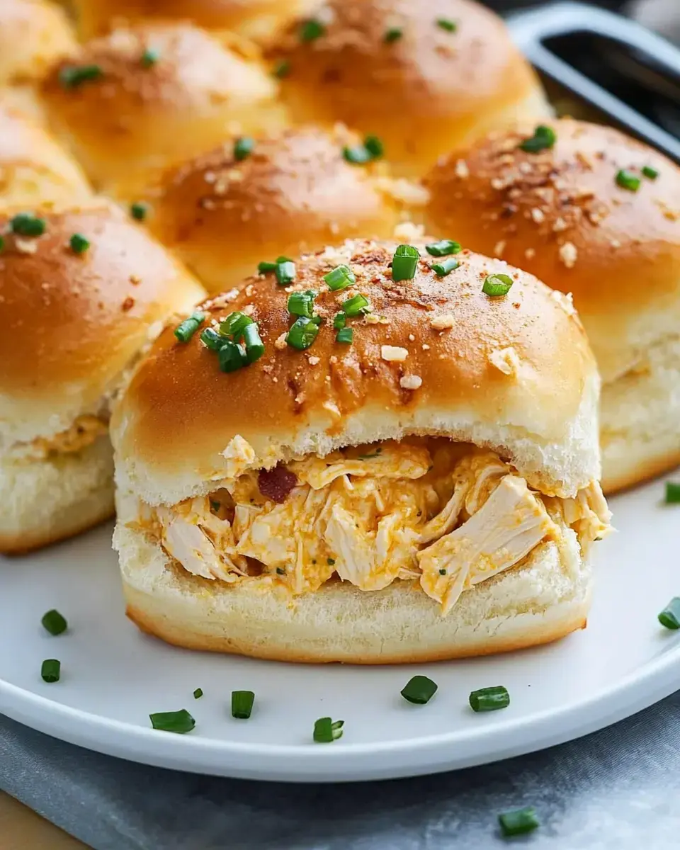 A close-up of a fluffy bun filled with a creamy chicken mixture, garnished with green onions, on a white plate.