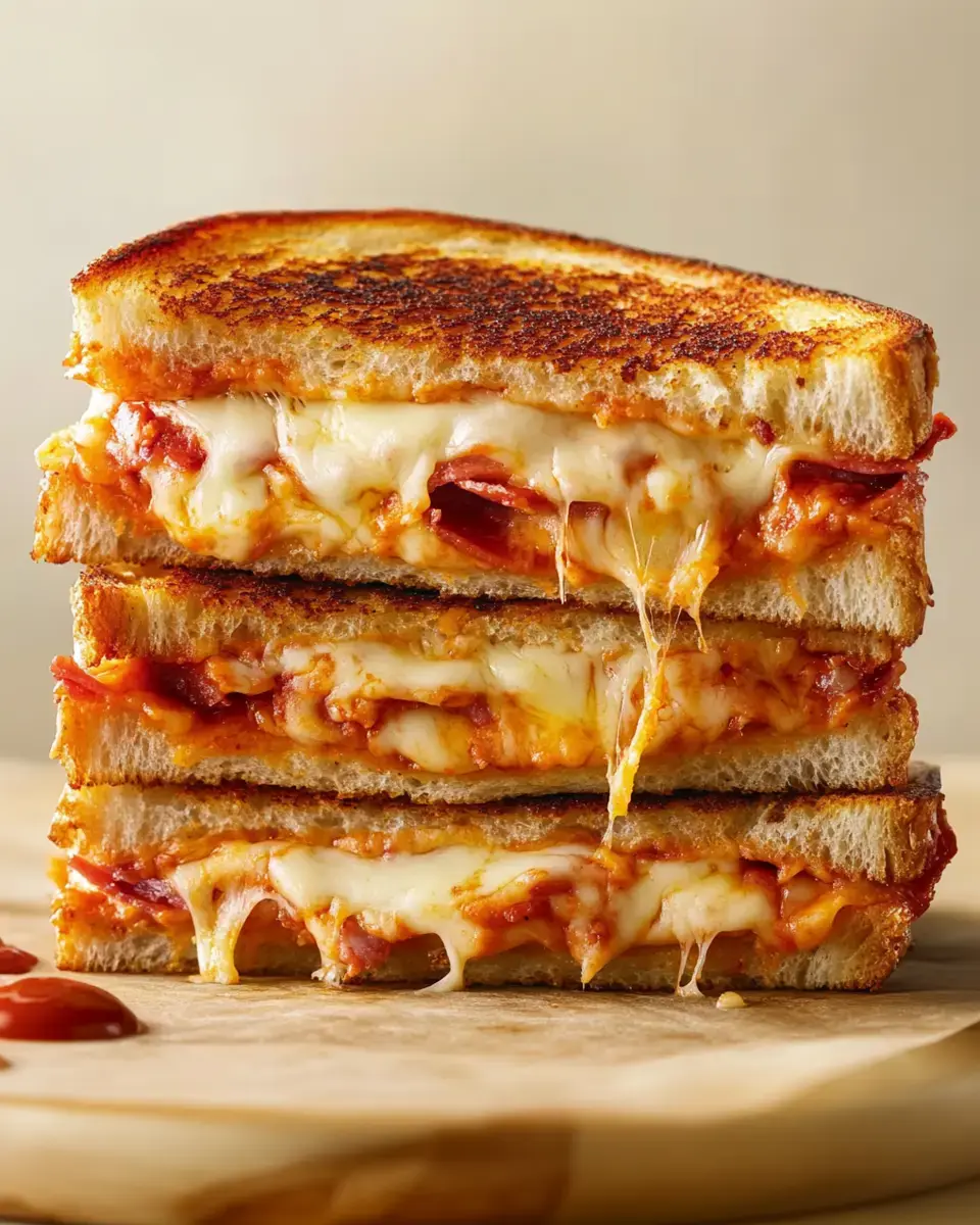 A stack of three grilled cheese sandwiches with melted cheese and marinara sauce oozing out, placed on a wooden surface.