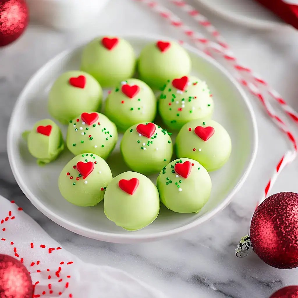 A plate of festive green truffles decorated with red heart sprinkles and green and red sugar, surrounded by holiday decorations.