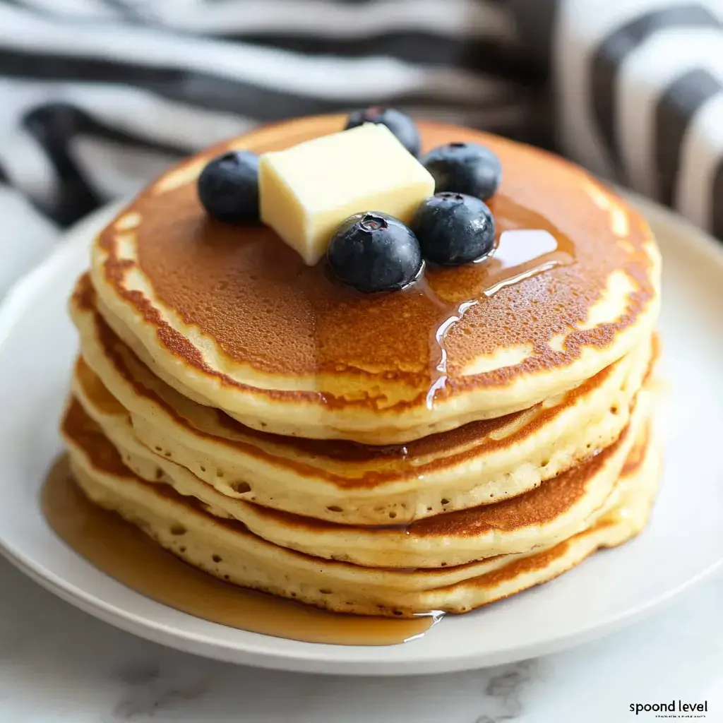 A stack of golden brown pancakes topped with butter, blueberries, and a drizzle of syrup on a white plate.