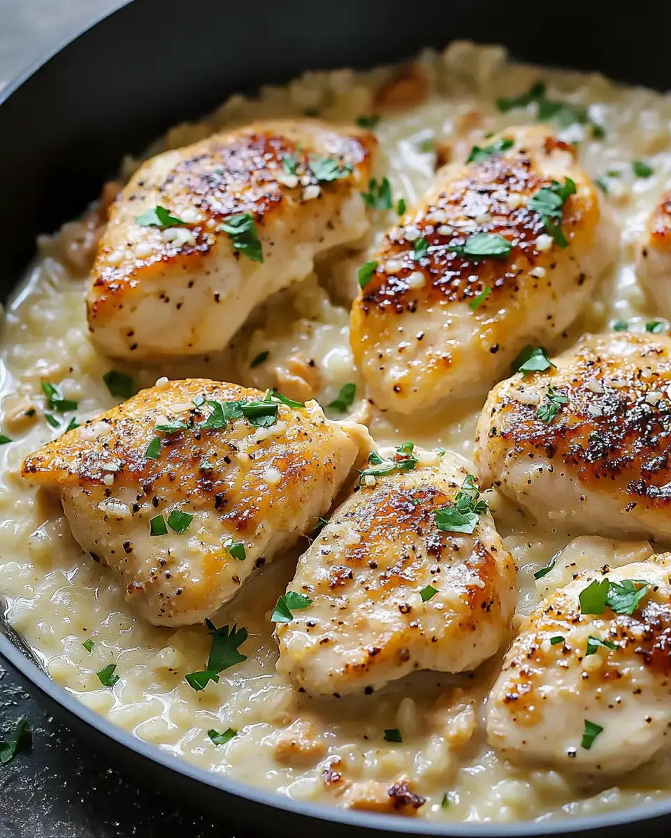 A skillet filled with tender, seared chicken breasts garnished with chopped parsley, served over creamy rice.