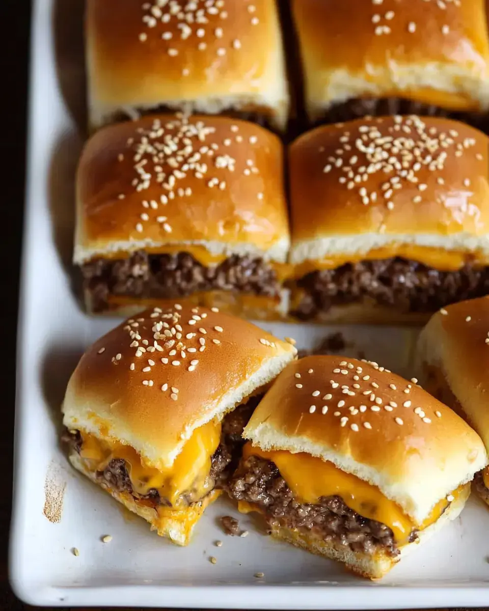 A platter of sliders filled with ground beef and melted cheddar cheese, topped with sesame seeds.