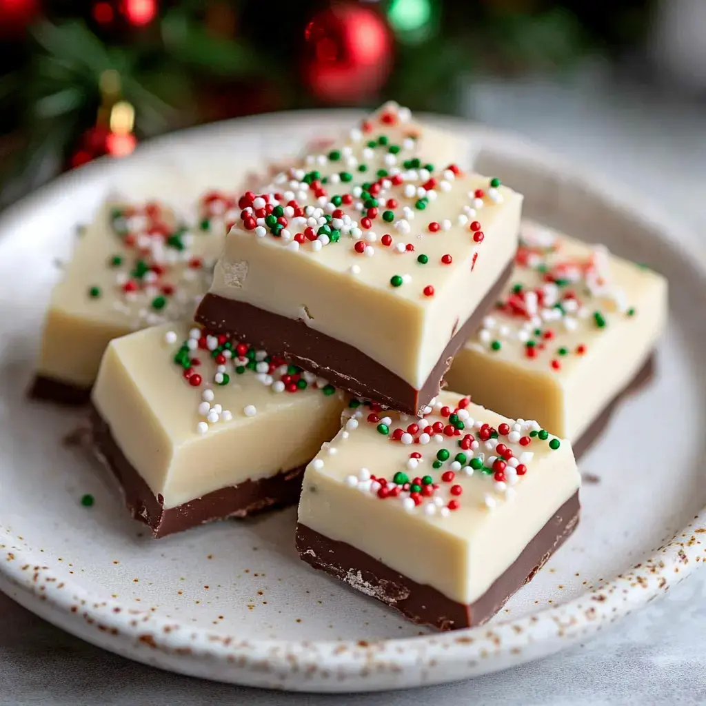 A plate of festive, layered chocolate fudge topped with red, green, and white sprinkles.