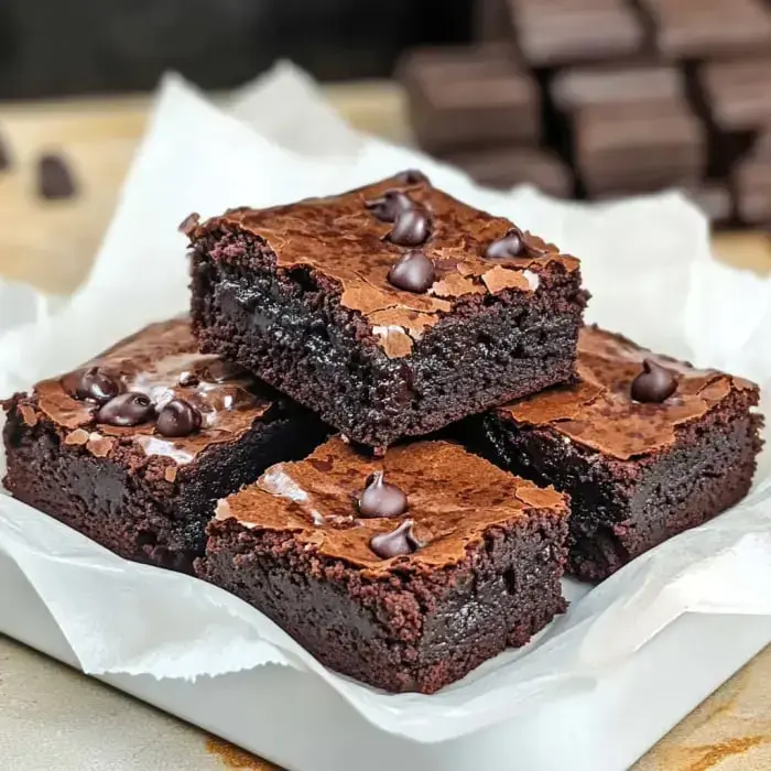 A stack of rich, chocolate brownies topped with chocolate chips is displayed in a white dish lined with parchment paper.