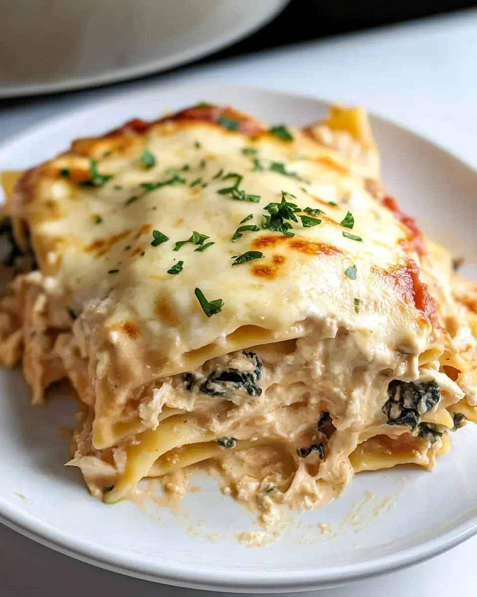 A slice of creamy spinach lasagna topped with melted cheese and garnished with parsley on a white plate.