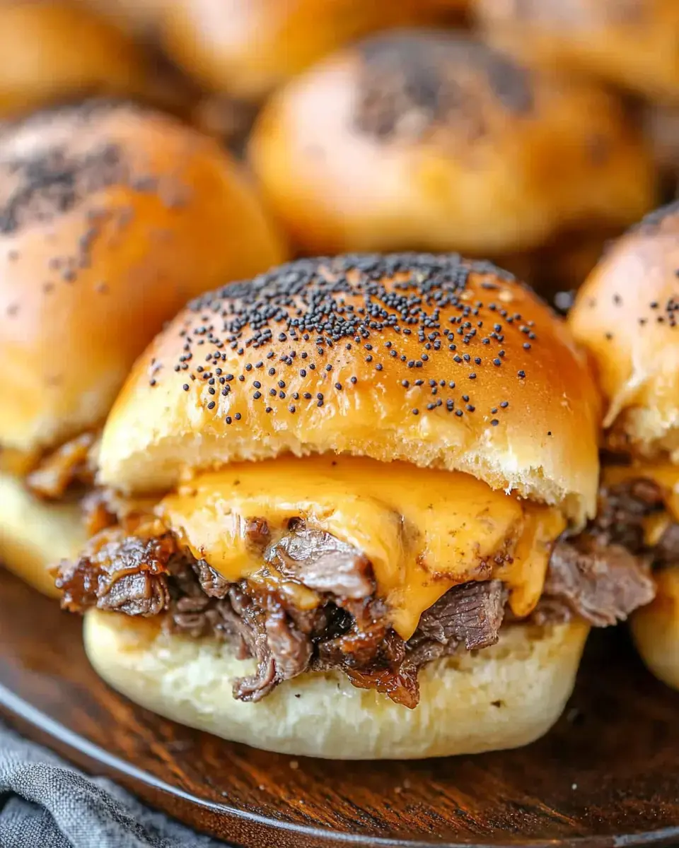 A close-up of a cheese-stuffed sandwich made with tender beef and topped with poppy seeds.