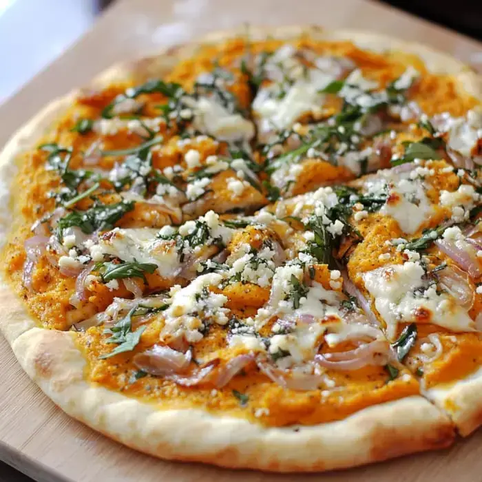 A freshly baked pizza topped with orange sauce, mozzarella cheese, caramelized onions, and fresh greens.