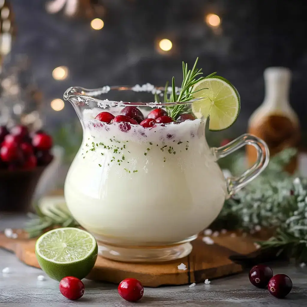 A glass pitcher filled with a frothy, white drink garnished with cranberries, a lime slice, and a sprig of rosemary, placed on a wooden cutting board beside lime halves and fresh cranberries.